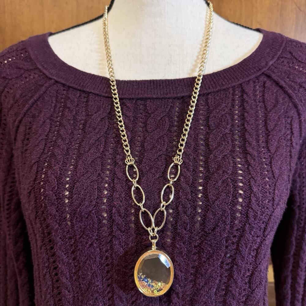 Vintage Y2K Juicy Couture 30” Long Oval Clear Pendant Shaker Gold Tone Necklace